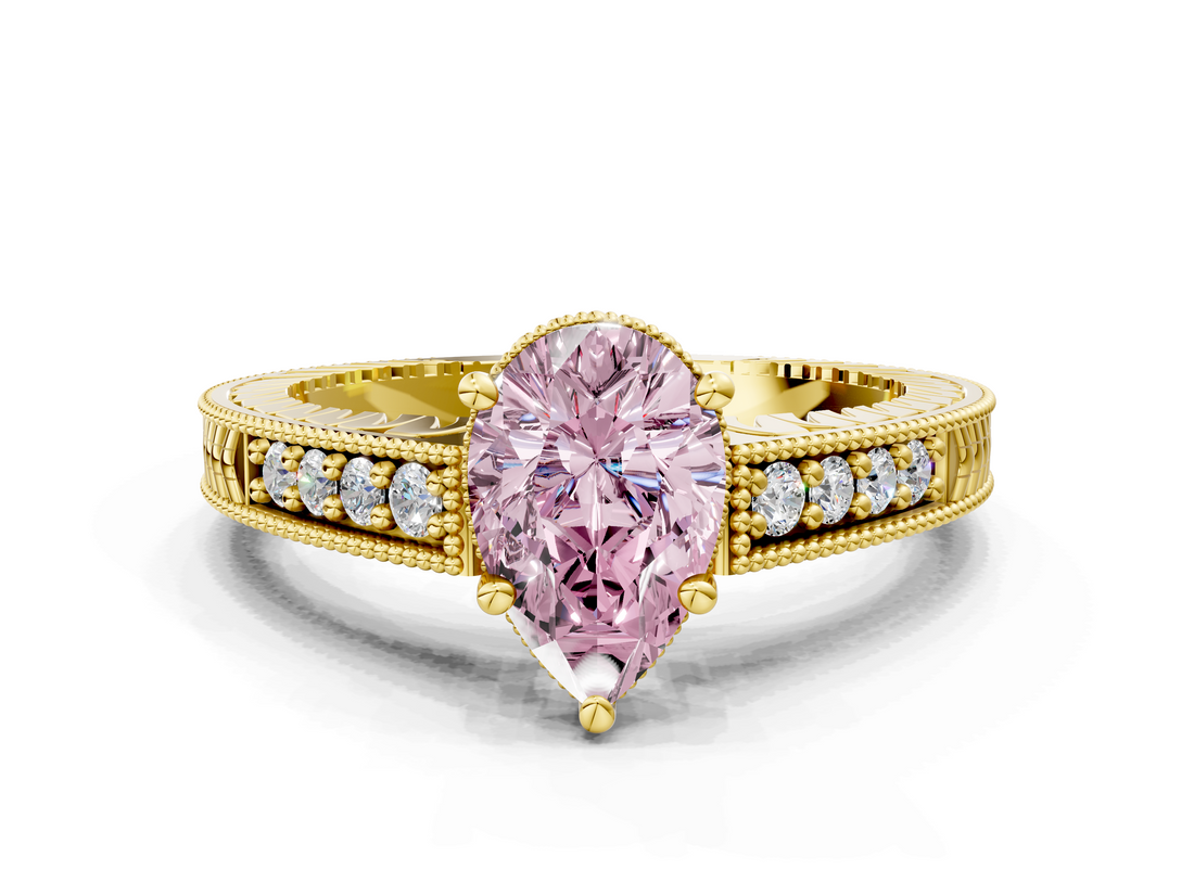 Yellow gold Fancy Pink Pear  Solitaire Pavé Diamond Milgrain Engagement Ring with Four-Prong Setting_3