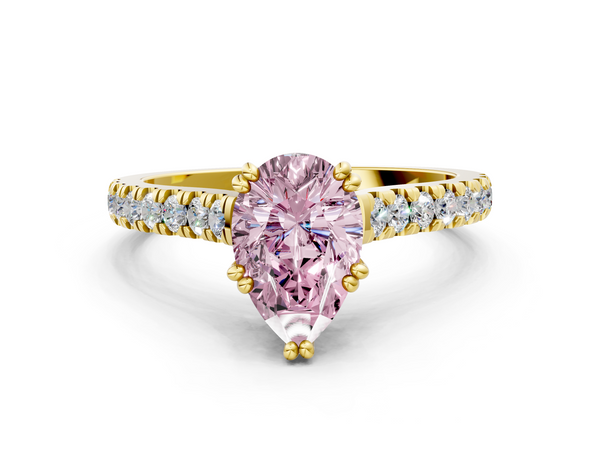 Yellow gold Fancy Pink Pear  Solitaire Pave Diamond Engagement Ring with Prong Setting