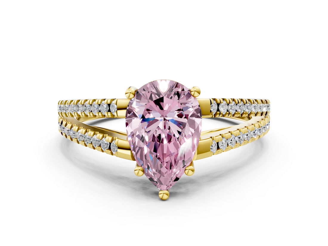 Yellow gold Fancy Pink Pear  Solitaire Split Shank Pavé Diamond Engagement Ring_388