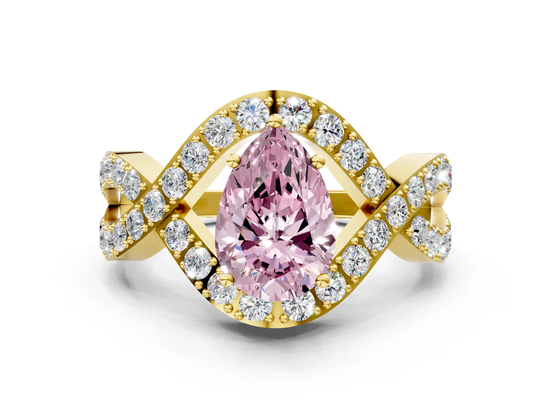 Yellow gold Fancy Pink Pear  Solitaire Twist Band Pavé Diamond Engagement Ring_75