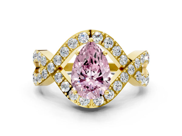 Yellow Gold Pear-Shaped Infinity Twist Pave Engagement Ring Setting for Fancy Pink Center
