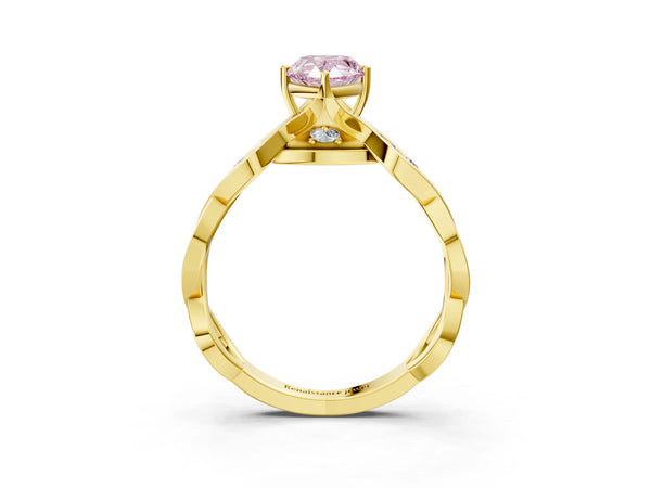 Yellow gold Fancy Pink Pear  Solitaire Twist Band with Leaf Prong Setting