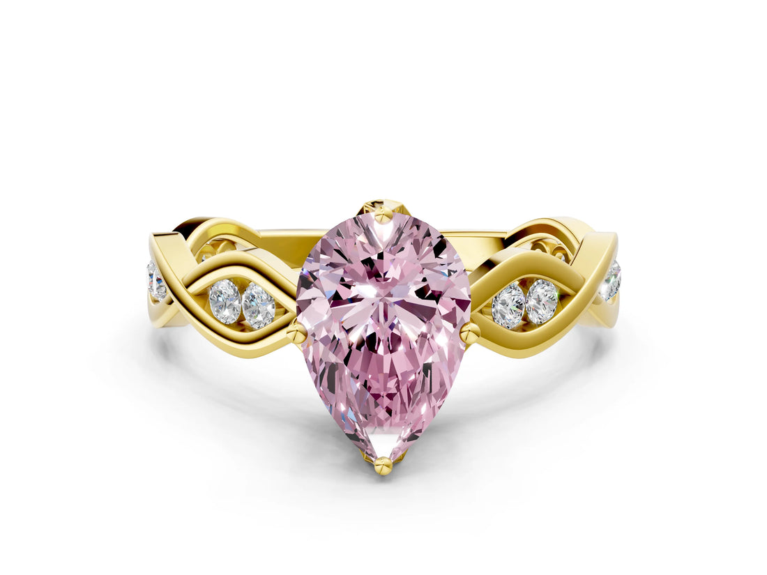 Yellow gold Fancy Pink Pear  Solitaire Twist Band with Leaf Prong Setting