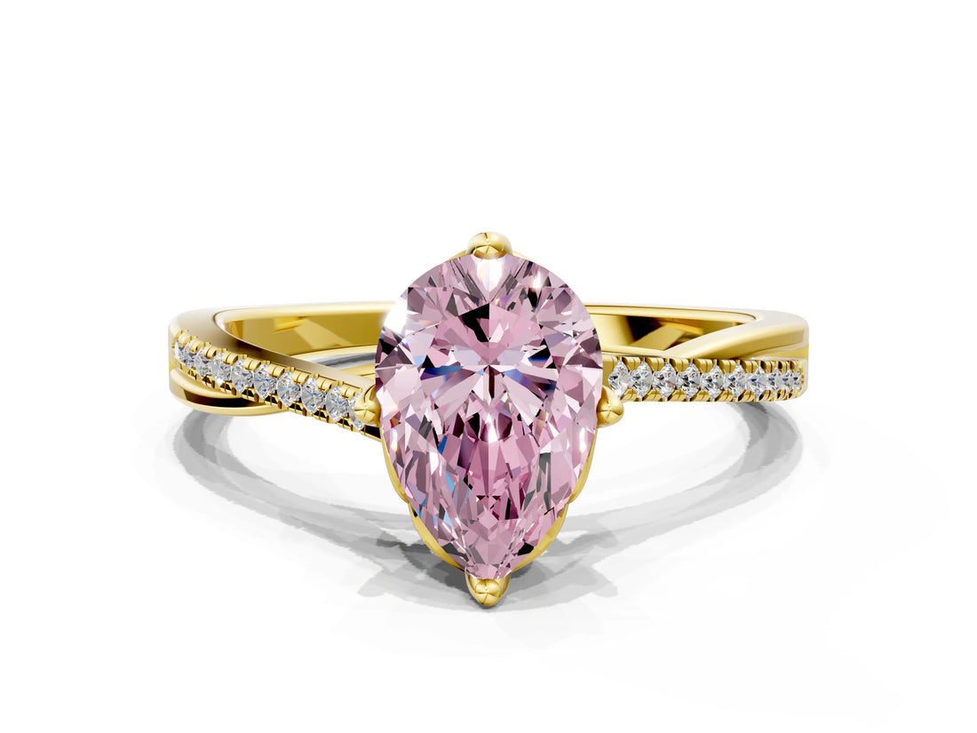 Yellow gold Fancy Pink Pear  Solitaire Twist Band with Pavé Diamonds and Four-Prong Setting_72