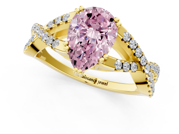 Yellow gold Fancy Pink Pear Cut Diamond Solitaire Ring with Four-Prong Setting and Twisted Pavé Band