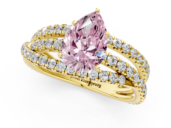 Yellow gold Fancy Pink Pear  Solitaire Twist Band with Pavé Setting and Four-Prong Setting