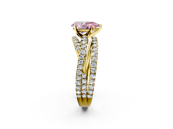 Yellow gold Fancy Pink Pear  Solitaire Twist Band with Pavé Setting and Four-Prong Setting