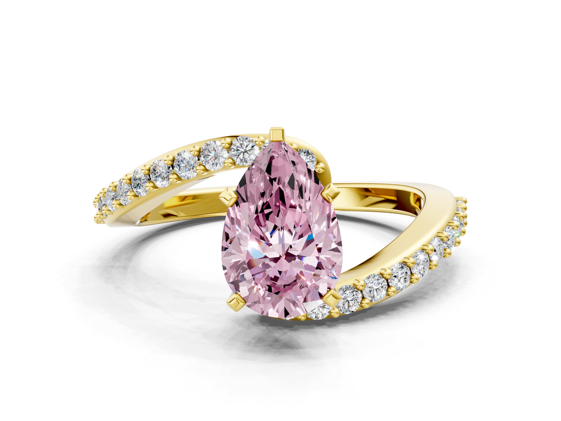 Yellow gold Fancy Pink Pear  Solitaire Twist Band with Pave Set Diamonds and Four-Prong Setting_91