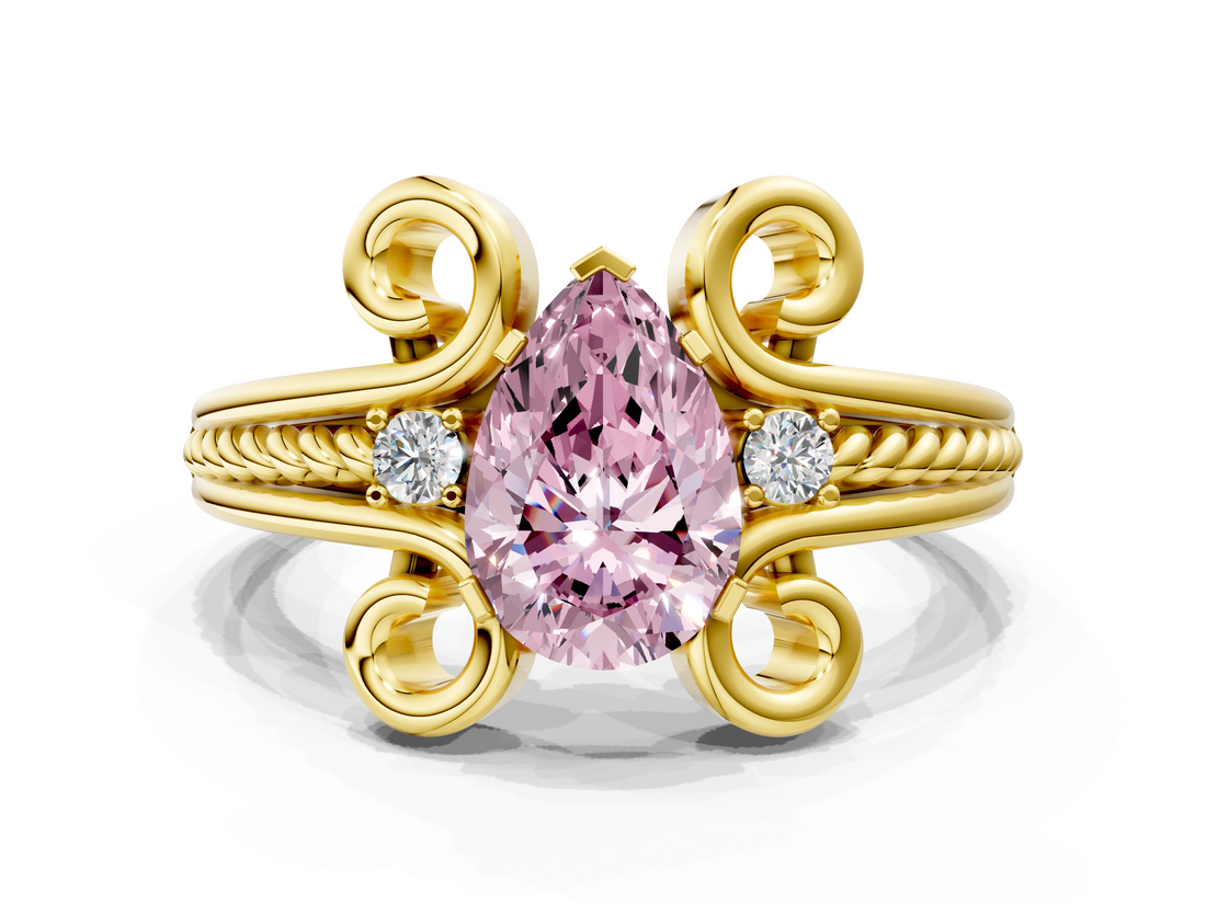 Yellow gold Fancy Pink Pear  Solitaire Twisted Band Scroll Prong Ring_3