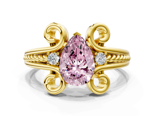 Yellow gold Fancy Pink Pear  Solitaire Twisted Band Scroll Prong Ring
