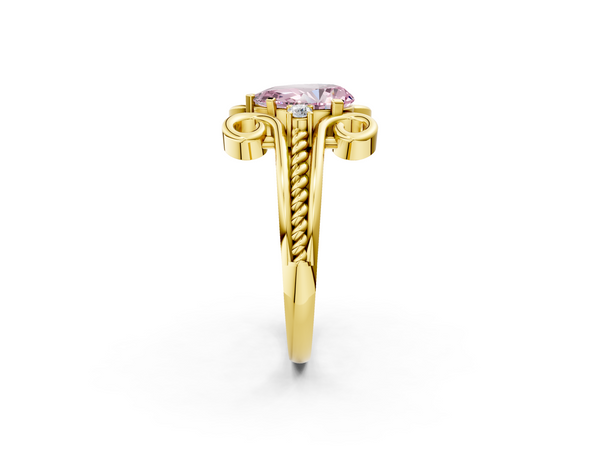 Yellow gold Fancy Pink Pear  Solitaire Twisted Band Scroll Prong Ring