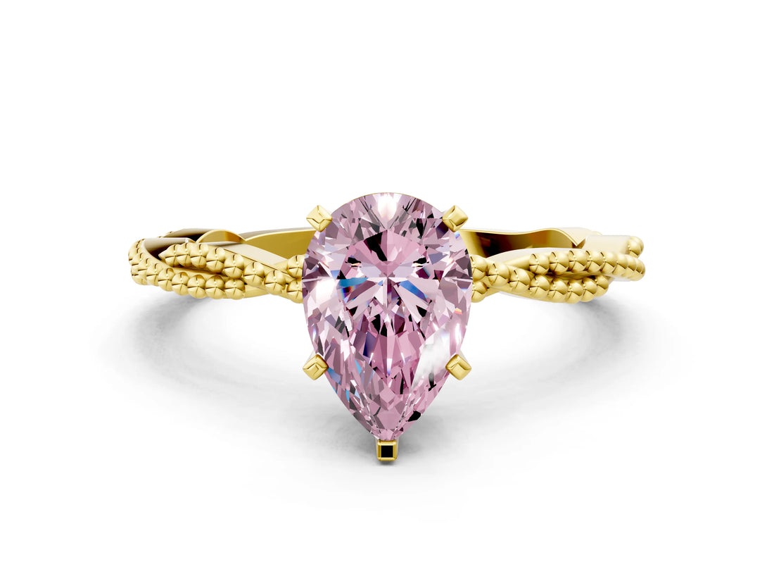 Yellow gold Fancy Pink Pear  Solitaire Twisted Band with Bead Prong Setting_392