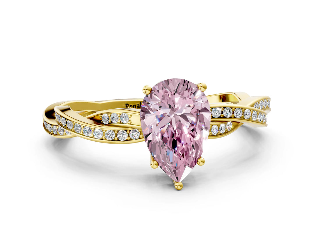 Yellow gold Fancy Pink Pear  Solitaire Twisted Pave Diamond Ring with Four-Prong Setting_12