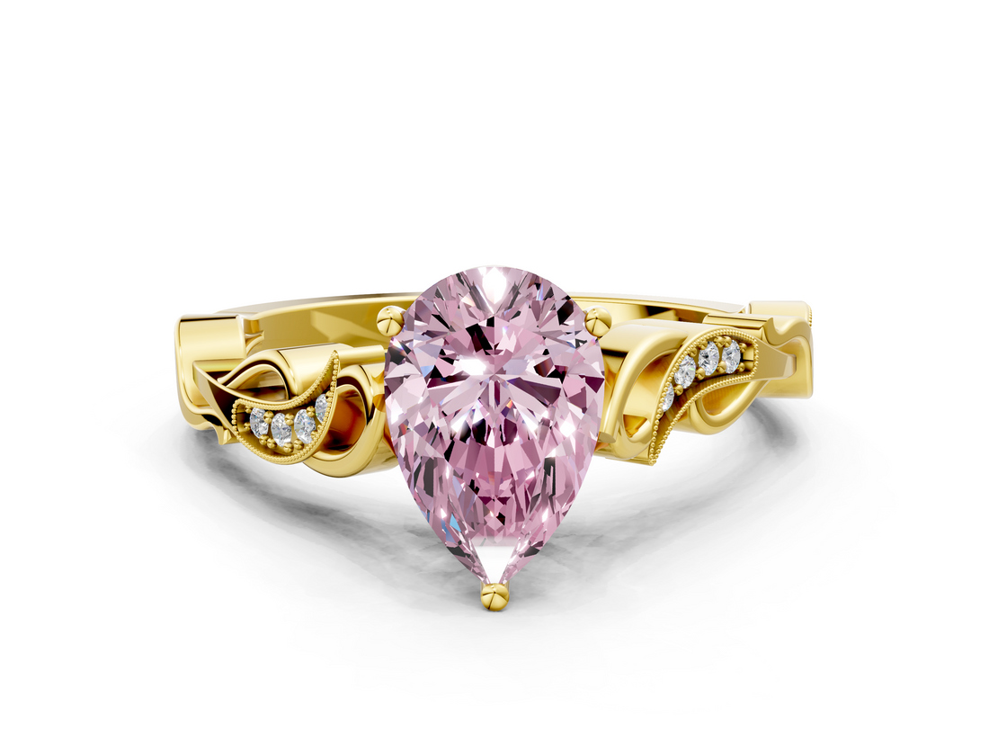 Yellow gold Fancy Pink Pear  Solitaire Vine Band with Milgrain Prong Setting_3