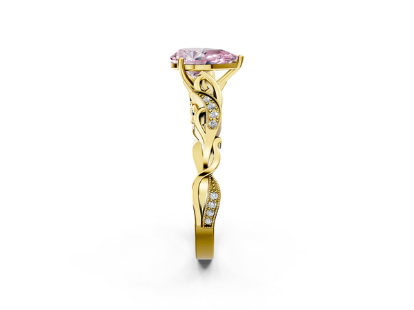 Yellow gold Fancy Pink Pear  Solitaire Vine Band with Milgrain Prong Setting