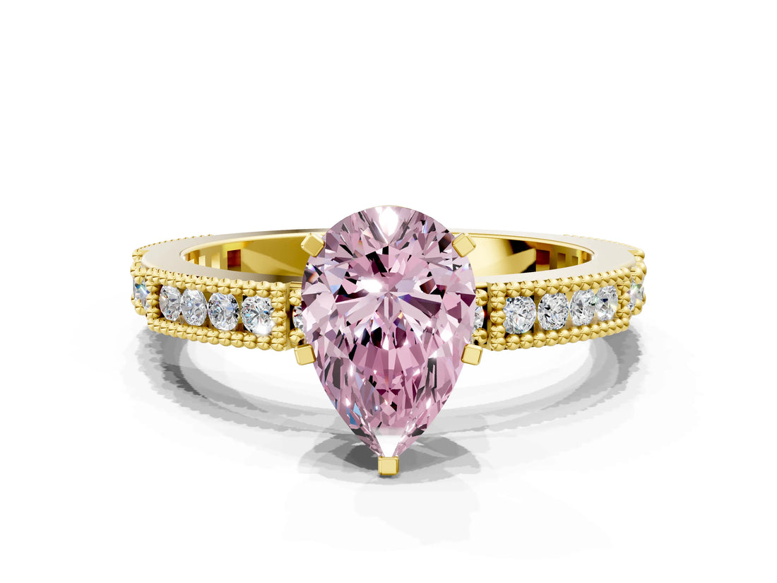 Yellow gold Fancy Pink Pear  Solitaire with Pavé Band and Four-Prong Setting_296