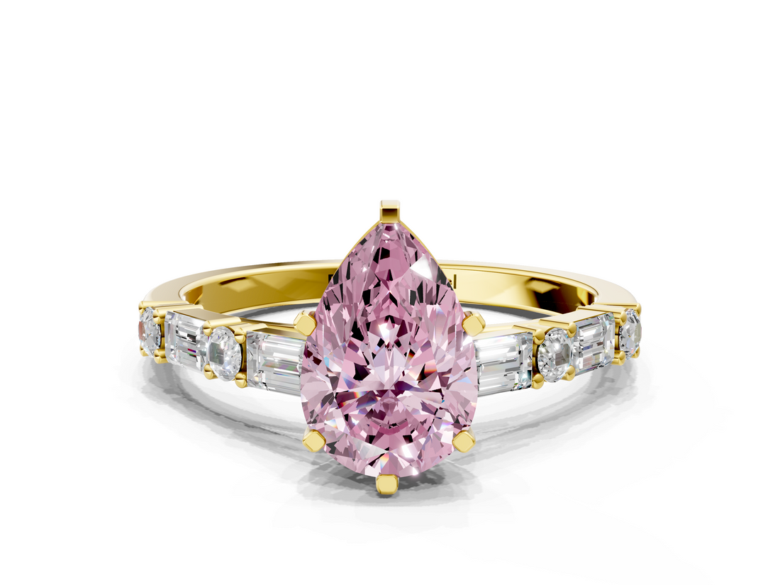 Yellow gold Fancy Pink Pear  Solitaire with Side Baguettes and Channel Set Band_65