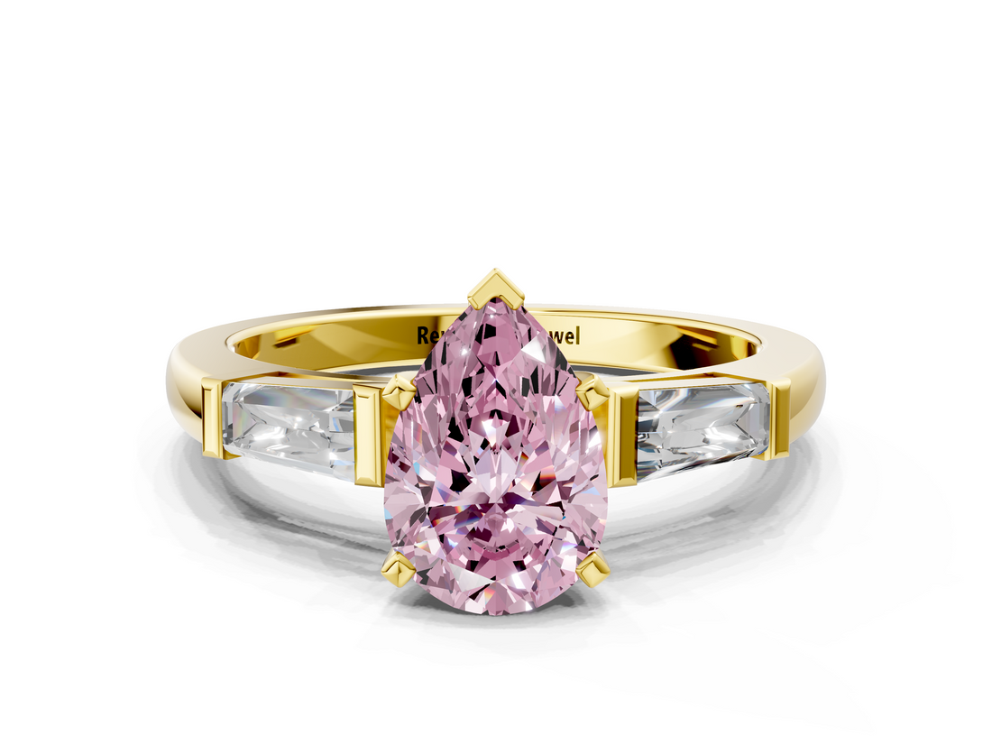 Yellow gold Fancy Pink Pear  Solitaire with Tapered Baguette Side Stones on a Classic Band with Four-Prong Setting_108