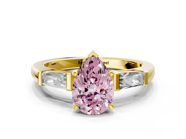 Yellow gold Fancy Pink Pear  Solitaire with Tapered Baguette Side Stones on a Classic Band with Four-Prong Setting