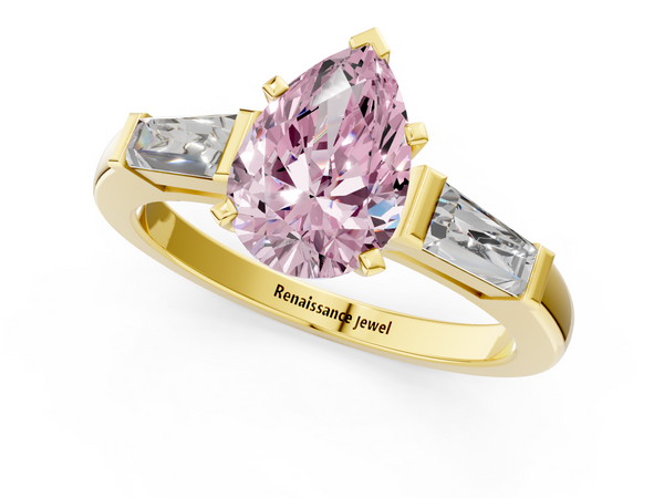 Yellow gold Fancy Pink Pear  Solitaire with Tapered Baguette Side Stones on a Classic Band with Four-Prong Setting
