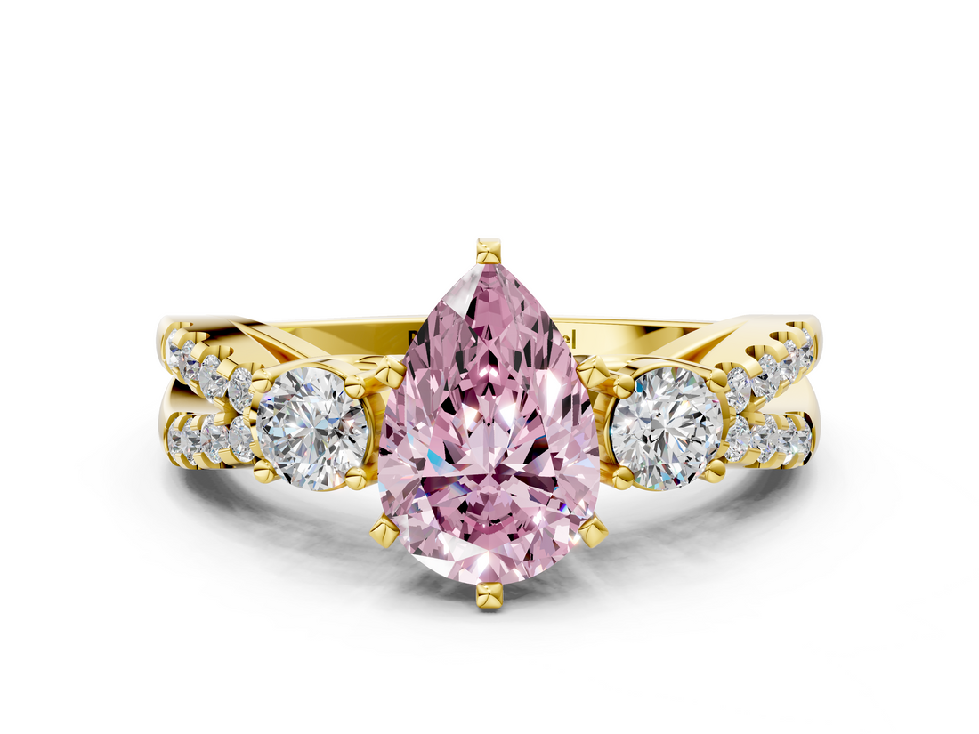 Yellow gold Fancy Pink Pear  Three-Stone Diamond Ring with Pavé Split Shank and Four-Prong Setting_61