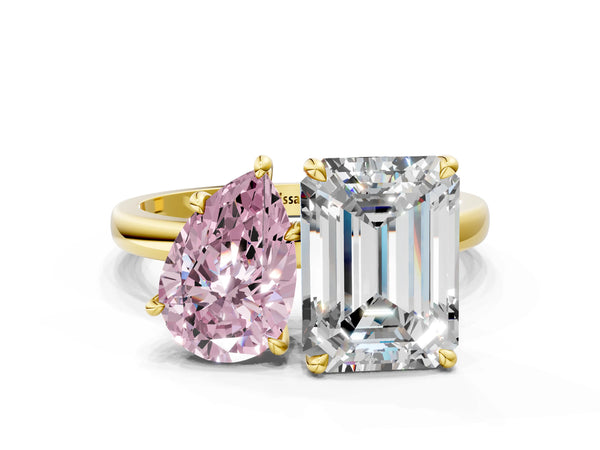 Yellow gold Fancy Pink Pear  and Emerald Cut Toi Moi Ring with Prong Setting