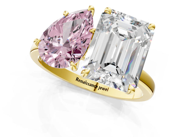 Yellow gold Fancy Pink Pear  and Emerald Cut Toi Moi Ring with Prong Setting