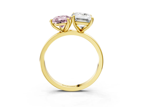 Yellow gold Fancy Pink Pear  and Emerald Cut Toi Moi Ring with Prong Setting
