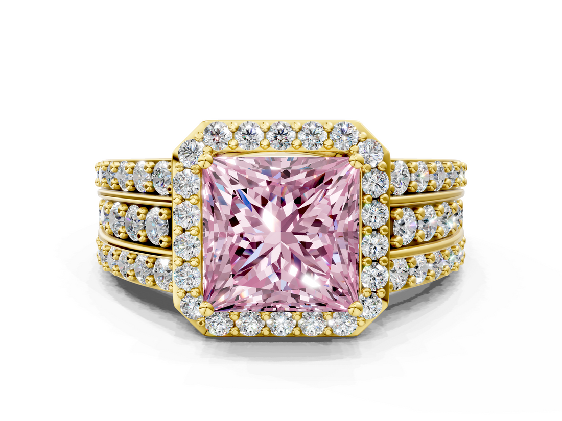 Yellow gold Fancy Pink Princess -Cut Halo Diamond Ring with Split Shank and Four-Prong Setting_17