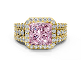 Yellow gold Fancy Pink Princess -Cut Halo Diamond Ring with Split Shank and Four-Prong Setting_17