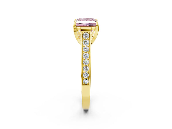 Yellow gold Fancy Pink Princess  Brilliant Cut Diamond Engagement Ring with Pavé Band and Four-Prong Setting