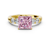 Yellow gold Fancy Pink Princess  Brilliant Cut Diamond Five-Stone Prong Set Engagement Ring with Channel Band