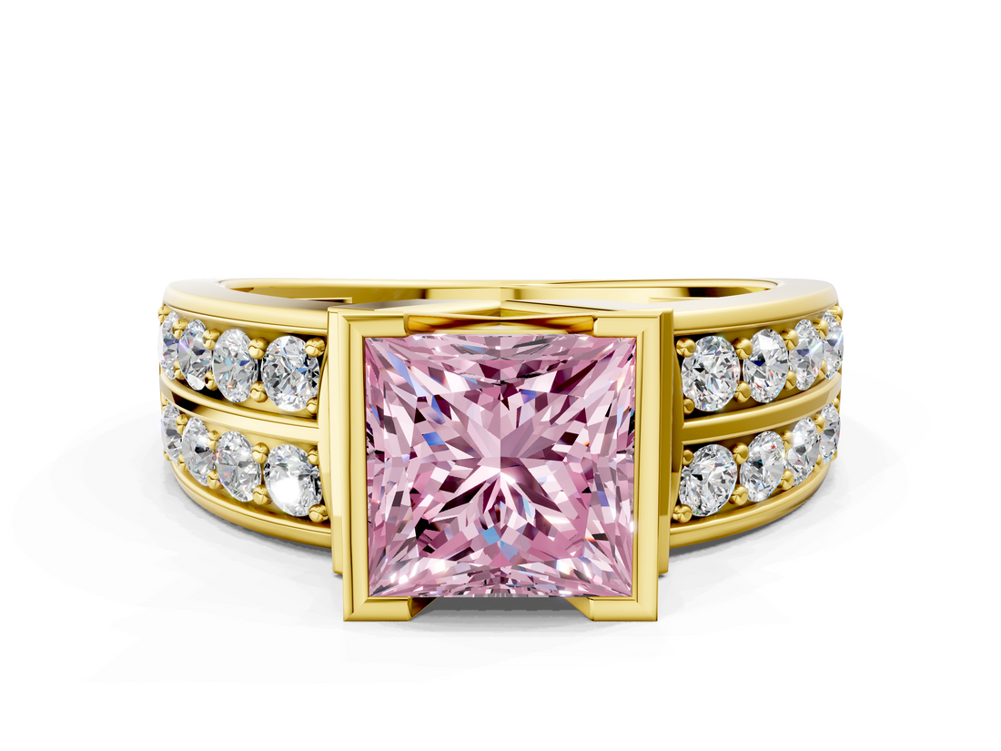 Yellow gold Fancy Pink Princess  Brilliant Diamond Channel Set Wide Band Ring with Bezel Setting