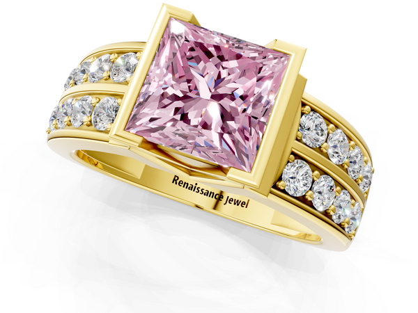 Yellow Gold Princess Cut Half Bezel Channel Set Engagement Ring Setting for Fancy Pink Center