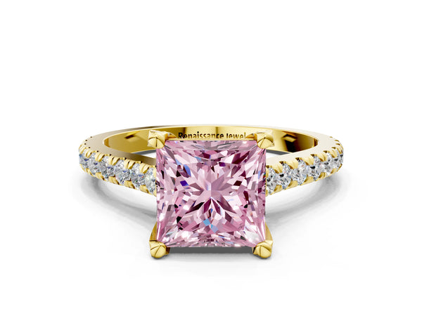 Yellow gold Fancy Pink Princess  Brilliant Diamond Solitaire with Pavé Band and Four-Prong Setting