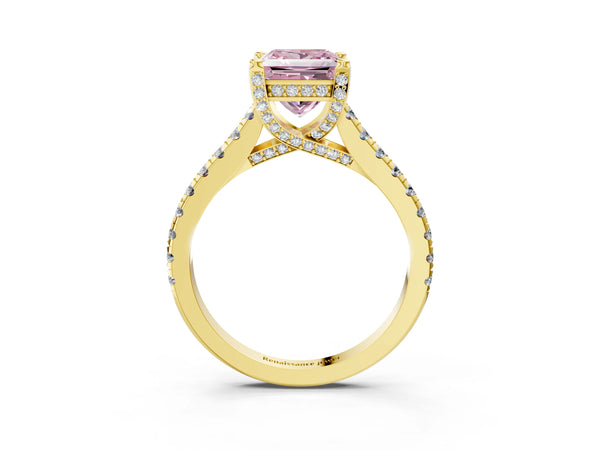 Yellow gold Fancy Pink Princess  Brilliant Diamond Solitaire with Pavé Band and Four-Prong Setting