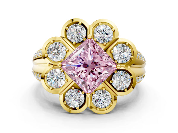Yellow gold Fancy Pink Princess  Brilliant Flower Halo Diamond Split Shank Ring