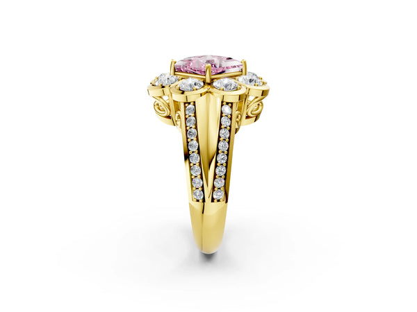 Yellow gold Fancy Pink Princess  Brilliant Flower Halo Diamond Split Shank Ring