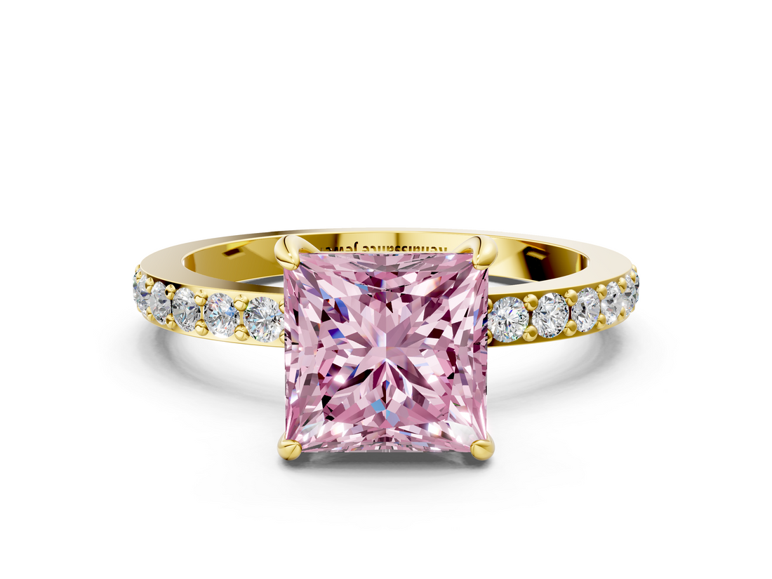 Yellow gold Fancy Pink Princess  Brilliant Pavé Band Solitaire with Four-Prong Setting_18