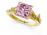 Yellow gold Fancy Pink Princess  Brilliant Solitaire with Leaf Motif Band and Four-Prong Setting_33