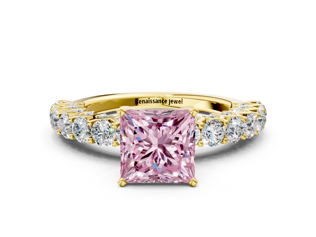 Yellow gold Fancy Pink Princess  Brilliant Solitaire with Pavé Band and Four-Prong Setting_18