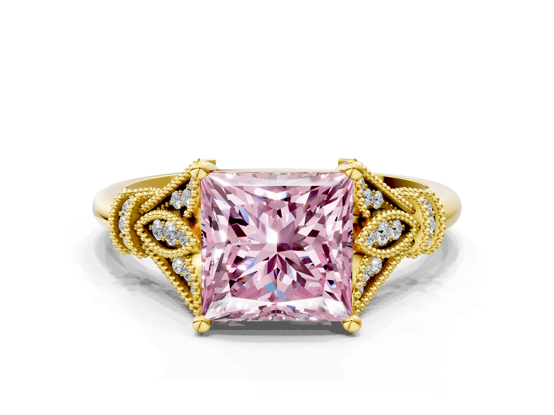 Yellow gold Fancy Pink Princess  Brilliant Solitaire with Pave Band and Four-Prong Setting