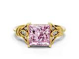 Yellow gold Fancy Pink Princess  Brilliant Solitaire with Pave Band and Four-Prong Setting
