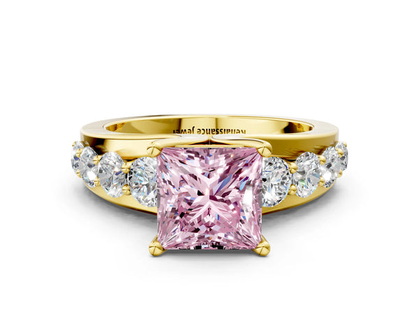 Yellow gold Fancy Pink Princess  Brilliant Solitaire with Side Stones on a Pave Band and Four-Prong Setting