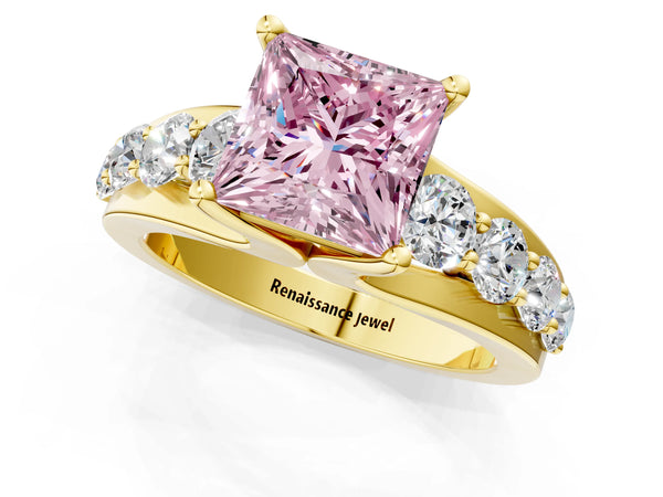 Yellow gold Fancy Pink Princess  Brilliant Solitaire with Side Stones on a Pave Band and Four-Prong Setting