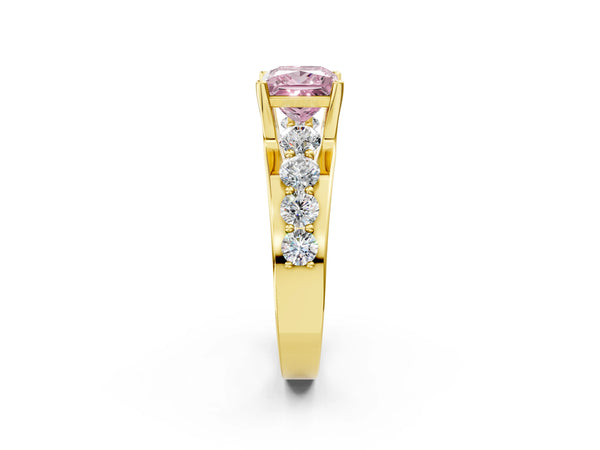 Yellow gold Fancy Pink Princess  Brilliant Solitaire with Side Stones on a Pave Band and Four-Prong Setting