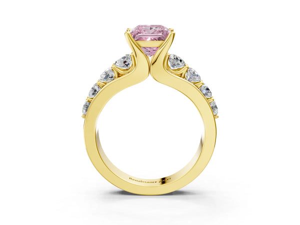 Yellow gold Fancy Pink Princess  Brilliant Solitaire with Side Stones on a Pave Band and Four-Prong Setting