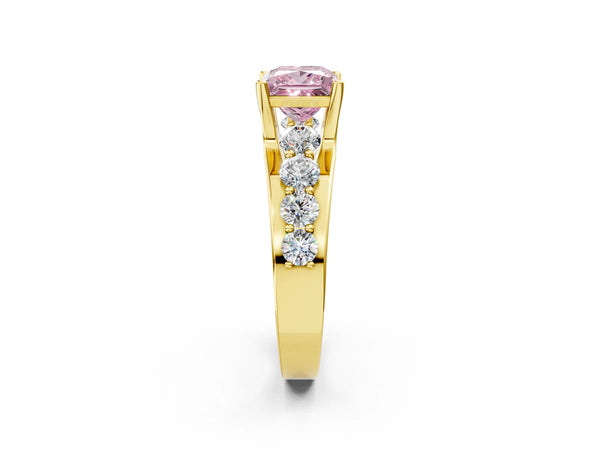 Yellow gold Fancy Pink Princess  Brilliant Solitaire with Side Stones on a Pave Band and Four-Prong Setting
