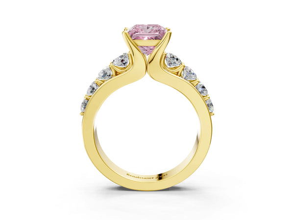 Yellow gold Fancy Pink Princess  Brilliant Solitaire with Side Stones on a Pave Band and Four-Prong Setting