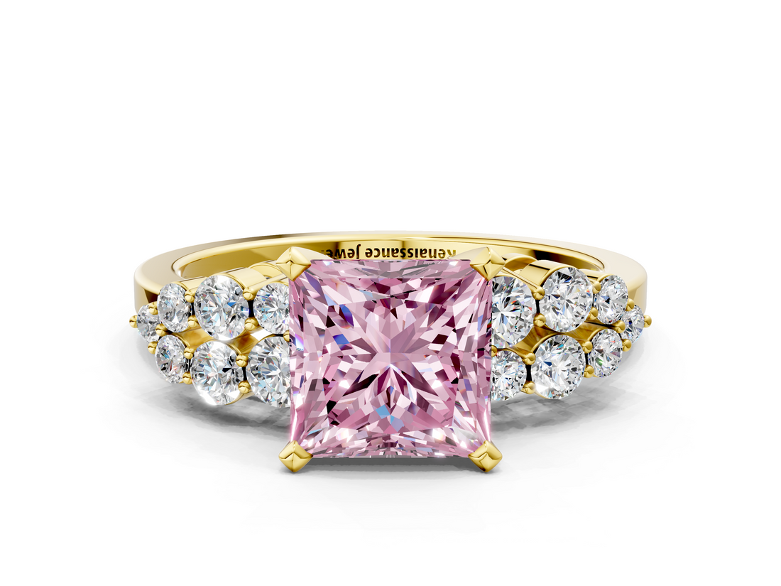 Yellow gold Fancy Pink Princess  Cluster Diamond Engagement Ring with Pavé Band and Four-Prong Setting